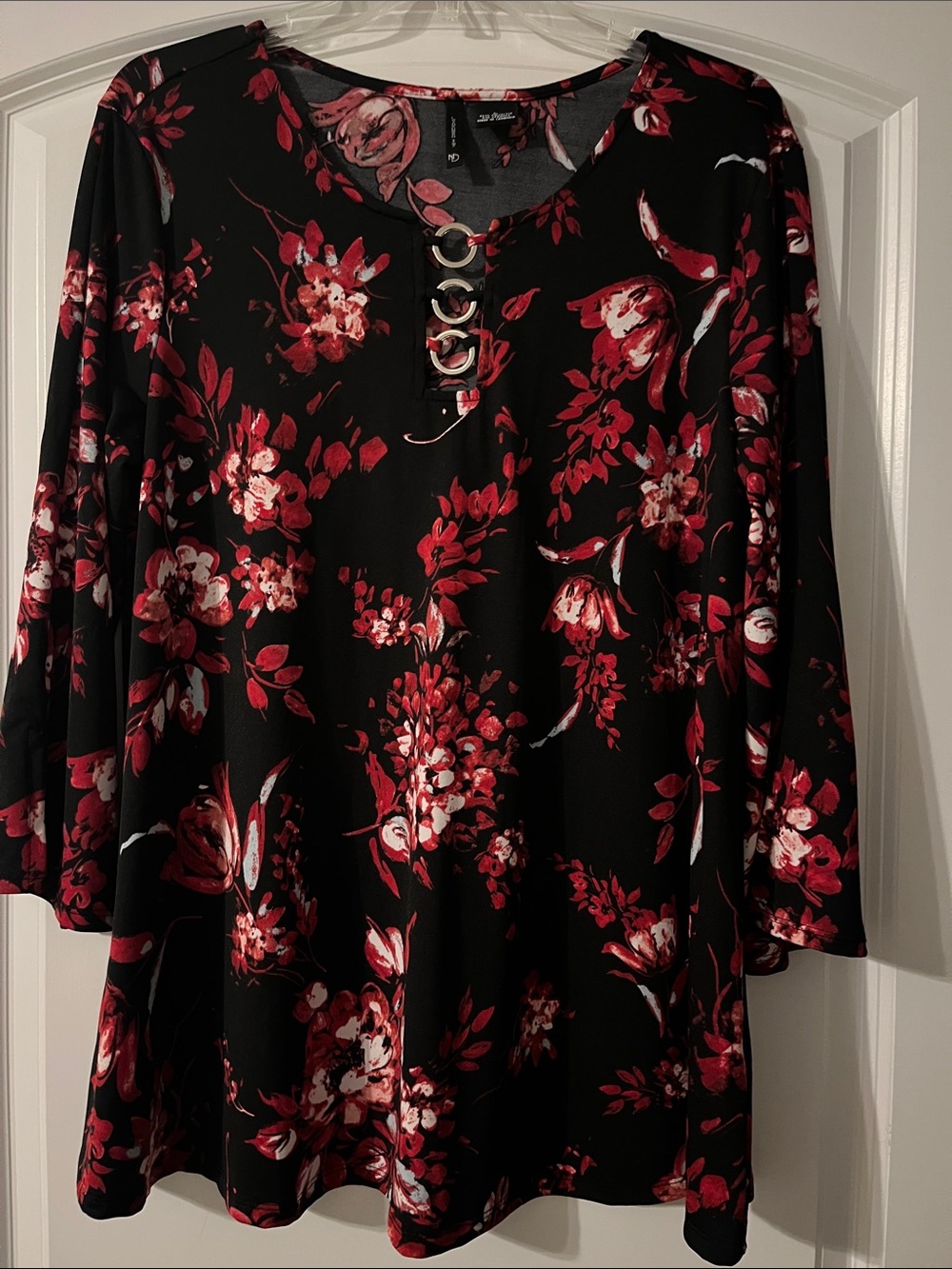 Women’s Black Floral Tunic Blouse with Red Accent